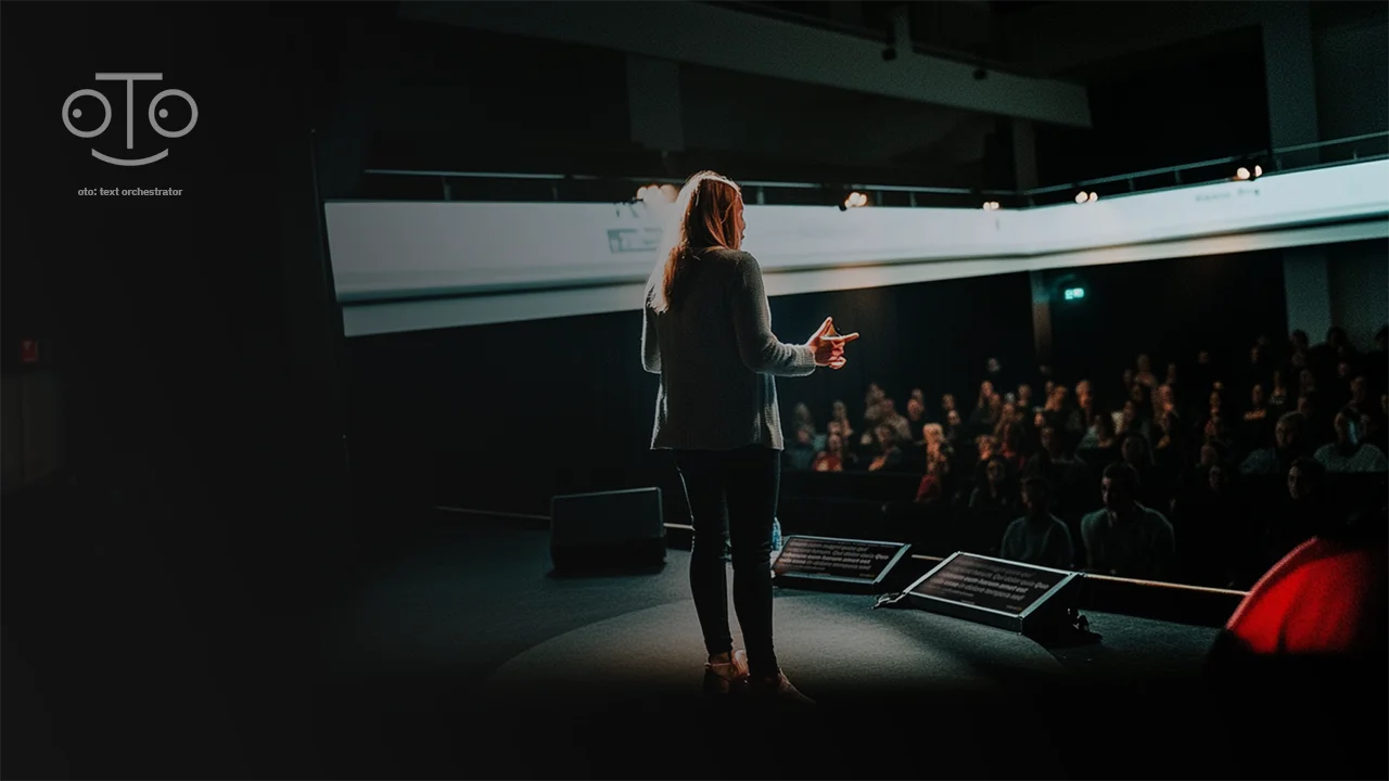A speaker on stage using OtO teleprompter